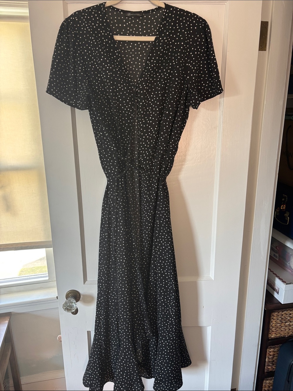 Black Polka Dot Midi Dress - Classic Women's Wrap-Style Dress